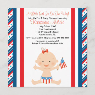 Patriotic Baby Girl Waving Flag Baby Shower Invite
