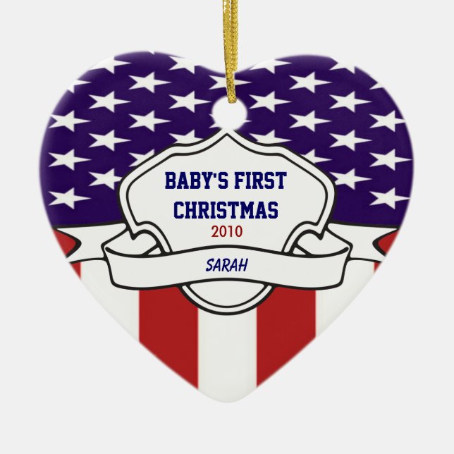 Patriotic Babys 1st Christmas Custom Photo Dated Ceramic Tree Decoration (Front)