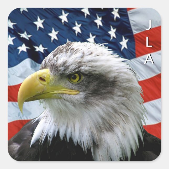 Patriotic Bald Eagle American Flag Monogrammed Square Sticker (Front)