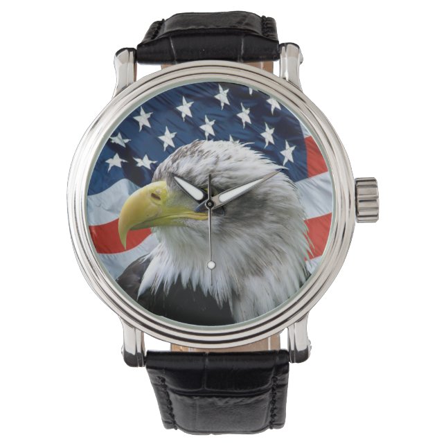 Patriotic Bald Eagle American Flag Numberles Watch (Front)