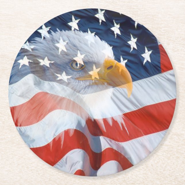 Patriotic Bald Eagle American Flag Round Paper Coaster (Front)