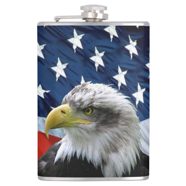 Patriotic Bald Eagle and American Flag Hip Flask (Front)