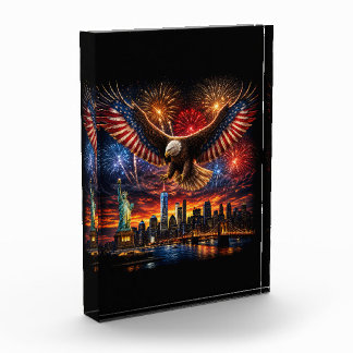Patriotic Bald Eagle Fireworks New York Skyline Photo Block