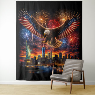 Patriotic Bald Eagle Fireworks New York Skyline Tapestry