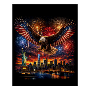 Patriotic Bald Eagle Fireworks New York Skyline Wa Poster