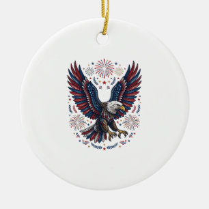 Patriotic Bald Eagle Fireworks Vintage Vector Desi Ceramic Tree Decoration