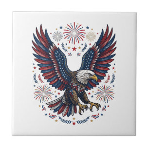 Patriotic Bald Eagle Fireworks Vintage Vector Desi Tile