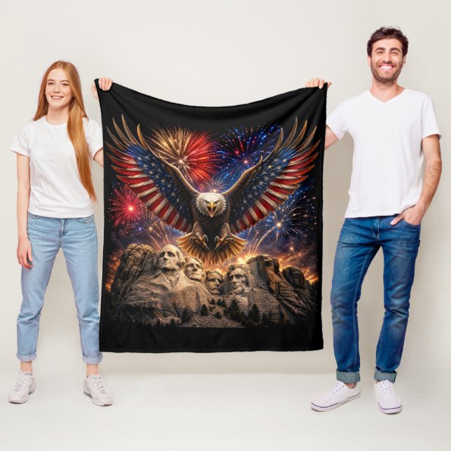 Patriotic Bald Eagle Mount Rushmore Fireworks  Fleece Blanket (In Situ)