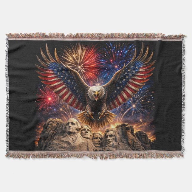 Patriotic Bald Eagle Mount Rushmore Fireworks  Throw Blanket (Front)