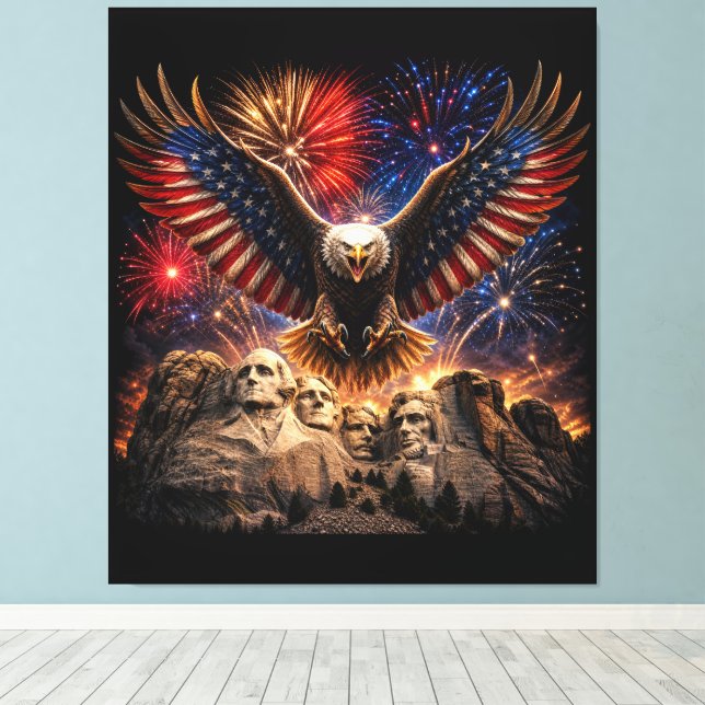 Patriotic Bald Eagle Mount Rushmore Fireworks Wall Canvas Print (Insitu(Wood Floor))