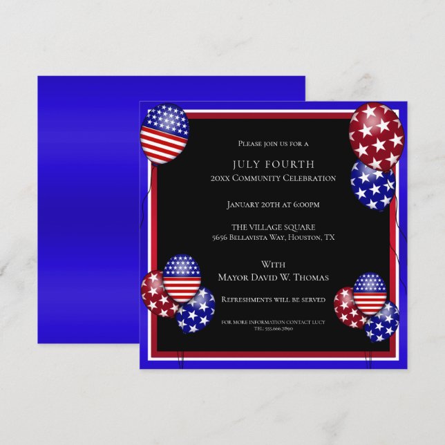 Patriotic Balloon Decorated July 4th Invitation (Front/Back)