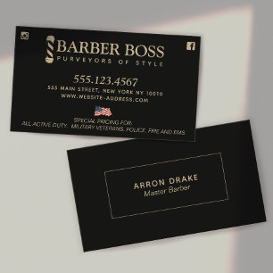 Patriotic Barber Barbershop  Black and Gold  Business Card