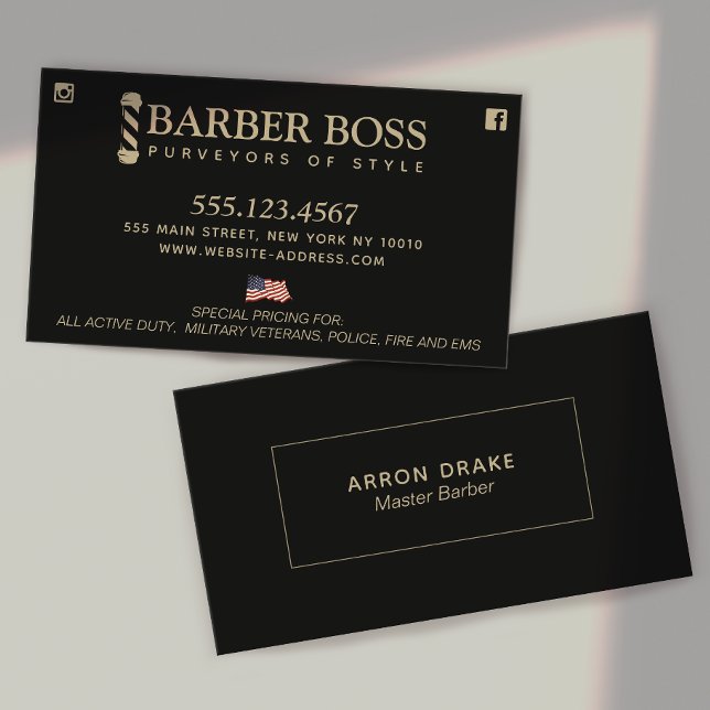Patriotic Barber Barbershop  Black and Gold  Business Card (Creator Uploaded)