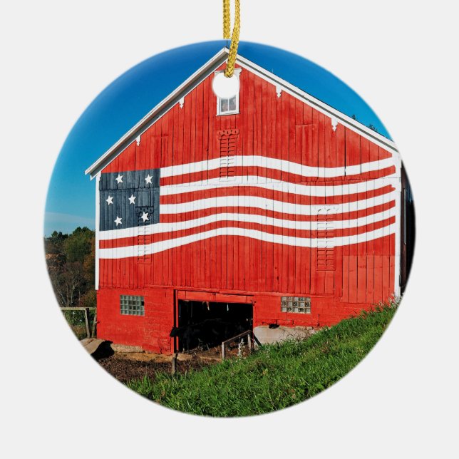Patriotic Barn Ceramic Tree Decoration (Front)