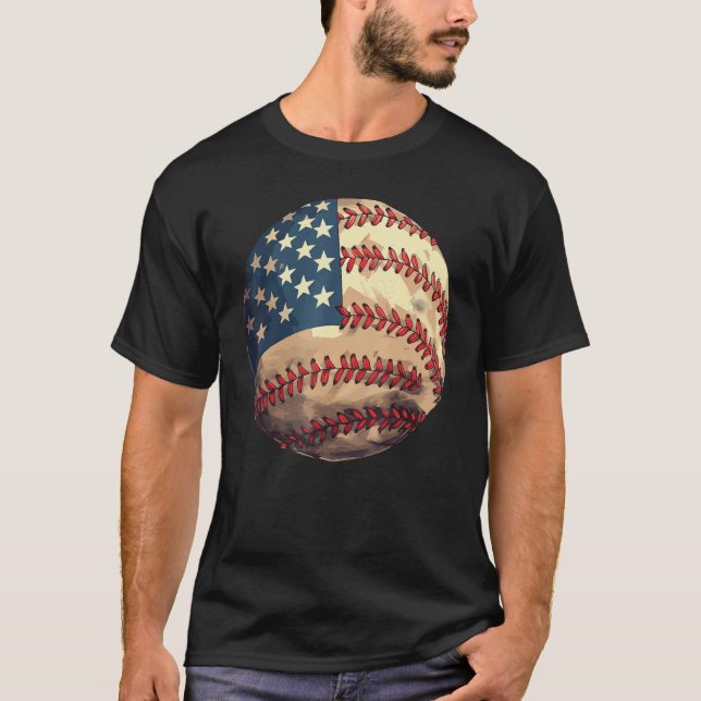 Patriotic Baseball 4th Of July USA American Flag T-Shirt (Front)