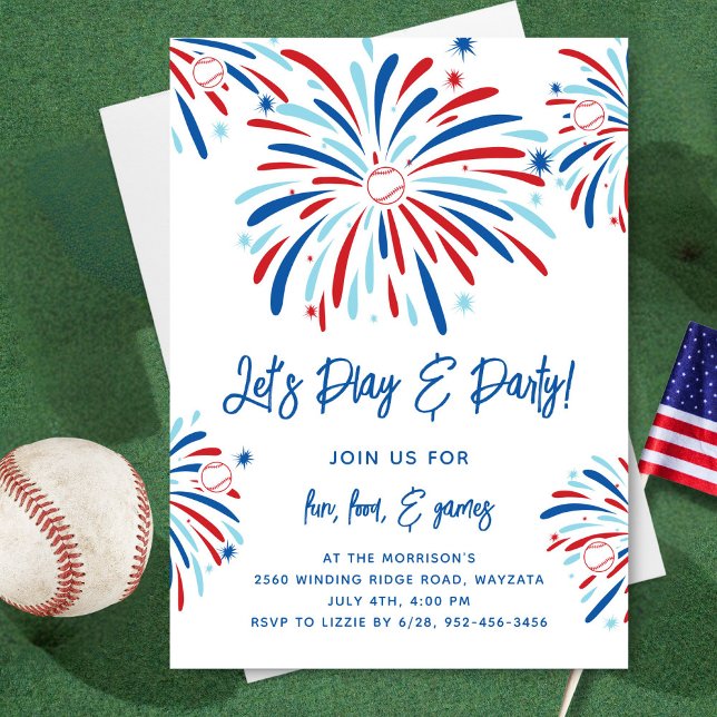 Patriotic Baseball & Fireworks 4th of July Party Invitation (Creator Uploaded)