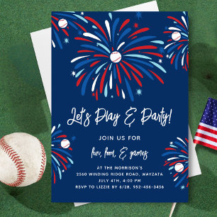 Patriotic Baseball & Fireworks 4th of July Party Invitation