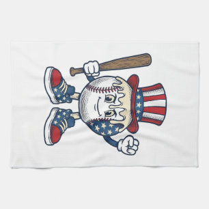 Patriotic Baseball Mascot Vintage Engraving Design Tea Towel