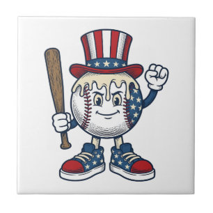 Patriotic Baseball Mascot Vintage Engraving Design Tile