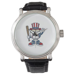 Patriotic Baseball Mascot Vintage Engraving Design Watch