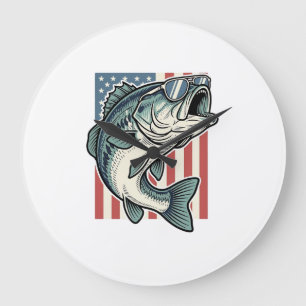 Patriotic Bass Fishing Sunglasses Vintage Vector D Large Clock