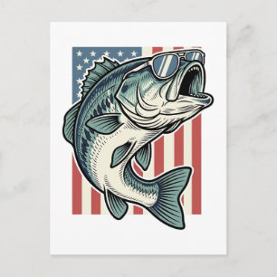 Patriotic Bass Fishing Sunglasses Vintage Vector D Postcard