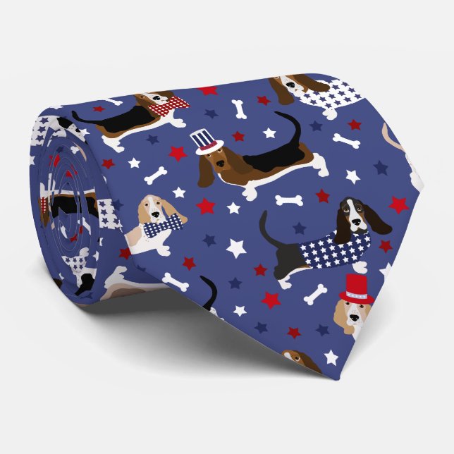 Patriotic Basset Hound Tie (Rolled)