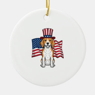 Patriotic Beagle Dog Flag Vintage Engraving Design Ceramic Tree Decoration