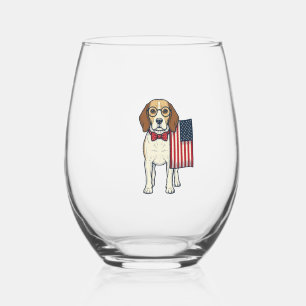 Patriotic Beagle with Flag Vintage Vector Art_1 Stemless Wine Glass