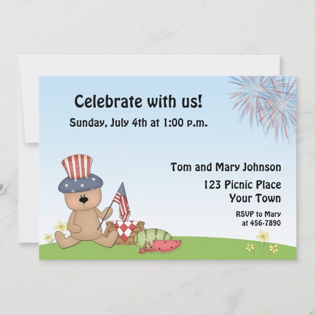 Patriotic Bear Picnic, BBQ Invitation (Front)
