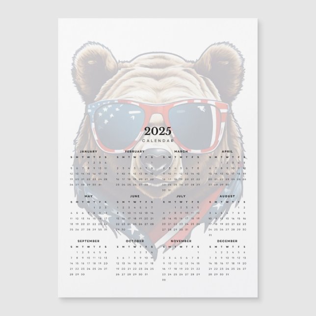 Patriotic Bear Red White Blue 2025 Magnet Calendar (Front)