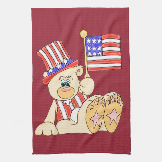 Patriotic Bear with Flag Kitchen Towel (Vertical)