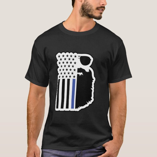 Patriotic Beard Thin Blue Line Police Support T-Shirt (Front)