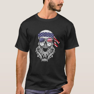 Patriotic Bearded Skull Graphic Art American Flag T-Shirt