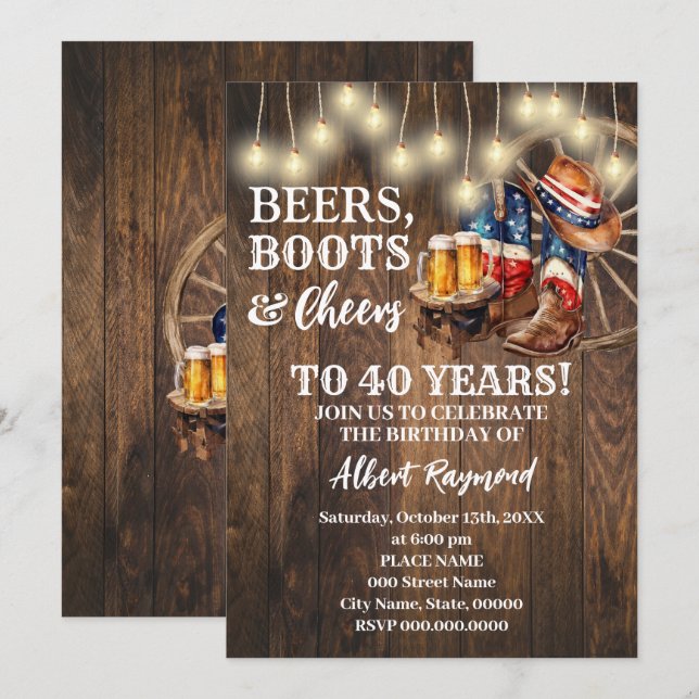 Patriotic Beers Boots & Cheers Country Birthday Invitation (Front/Back)