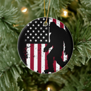 Patriotic Bigfoot  Ceramic Tree Decoration