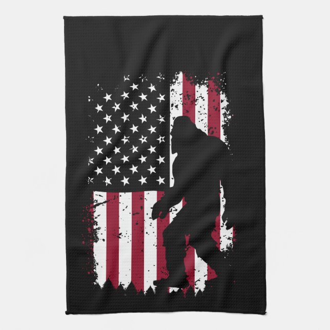 Patriotic Bigfoot Distressed Flag Tea Towel (Vertical)
