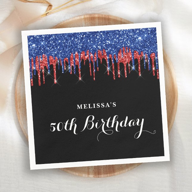Patriotic Birthday Elegant Blue Red Glitter Drips Napkin (Creator Uploaded)