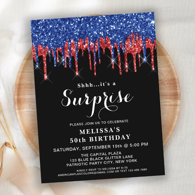 Patriotic Birthday Red Blue Glitter Surprise Invit (Creator Uploaded)