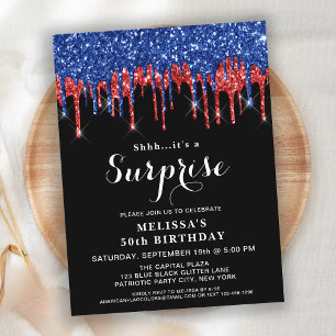 Patriotic Birthday Red Blue Glitter Surprise Party Invitation Postcard
