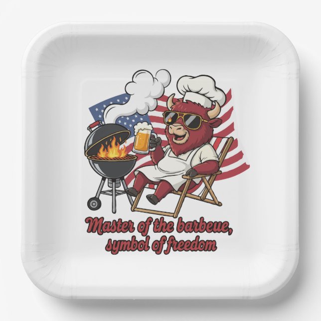 Patriotic Bison BBQ Master USA Flag Paper Plate (Front)