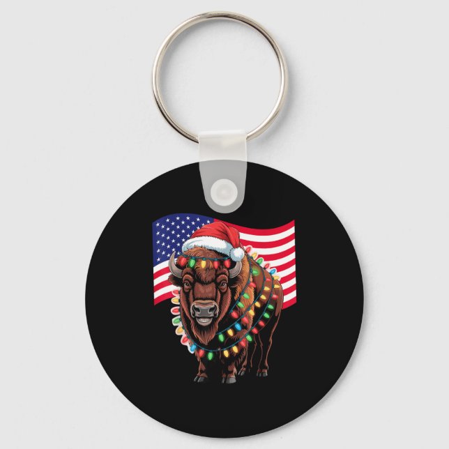 Patriotic Bison Buffalo Christmas Usa Flag Holiday Key Ring (Front)