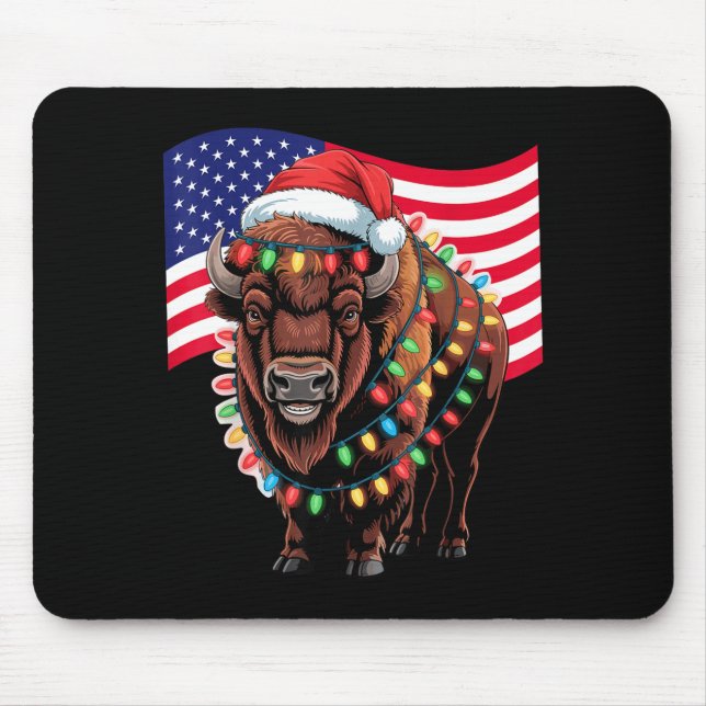 Patriotic Bison Buffalo Christmas Usa Flag Holiday Mouse Mat (Front)