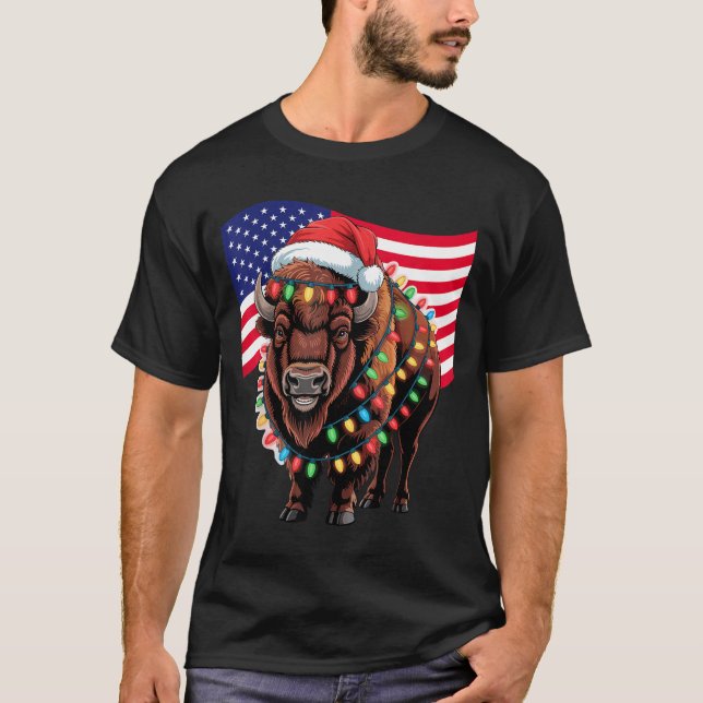 Patriotic Bison Buffalo Christmas Usa Flag Holiday T-Shirt (Front)