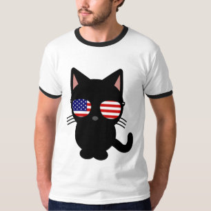 Patriotic Black Cat Funny T-shirts, Sunglasses T-Shirt