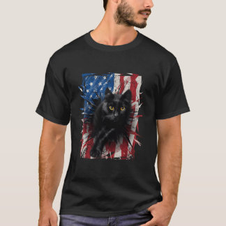 Patriotic Black Cat Torn American Flag 4Th Of July T-Shirt