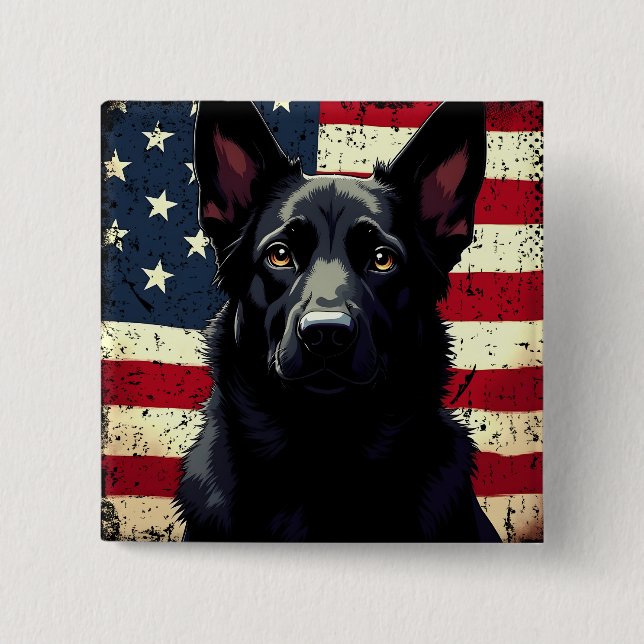 Patriotic Black German Shepherd USA American Flag 15 Cm Square Badge (Front)