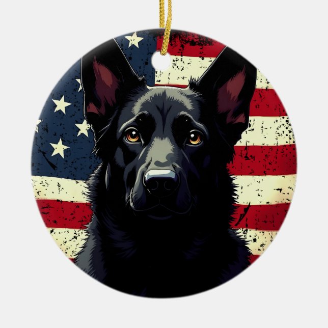 Patriotic Black German Shepherd USA American Flag Ceramic Tree Decoration (Front)