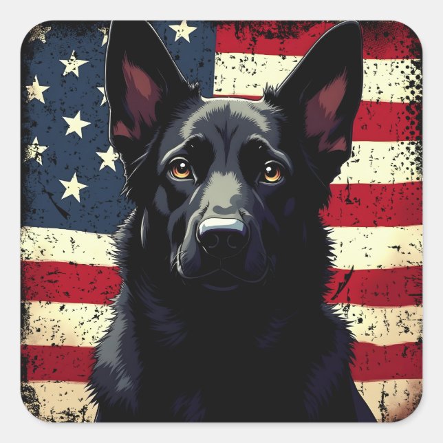 Patriotic Black German Shepherd USA American Flag Square Sticker (Front)