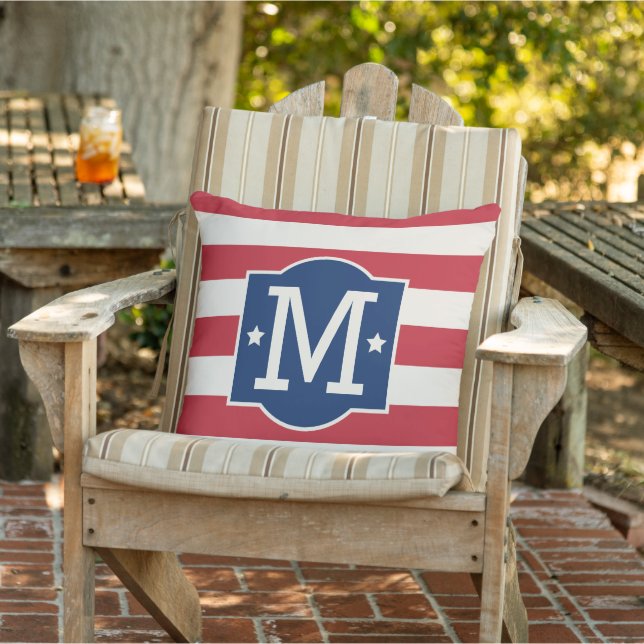 Patriotic Blue and Red Stars and Stripes Monogram  Outdoor Cushion (Chair)